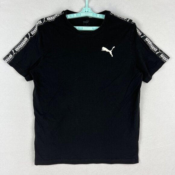 Puma Men's Black Short-Sleeve T-Shirt With Logo Striped Shoulders Size Medium - Picture 1 of 6